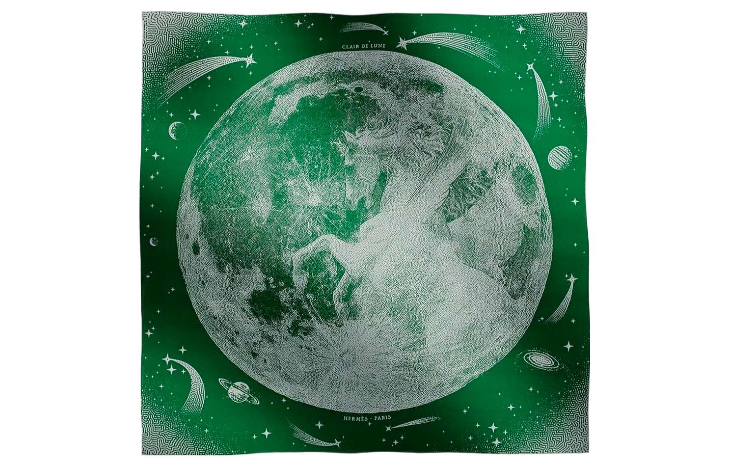 HERMES Pegasus Moonlight Print Green Silk Scarf Unisex Couples Design H243430S14 圖 2