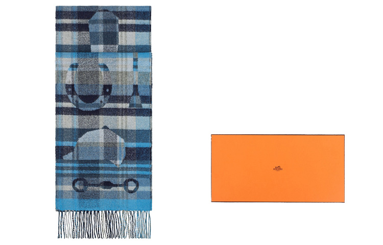 HERMES Plaid Cashmere Fringe Scarf Blue H393554T-01