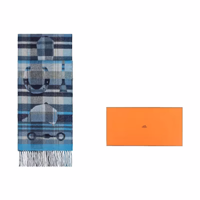 HERMES Plaid Cashmere Fringe Scarf Blue H393554T-01