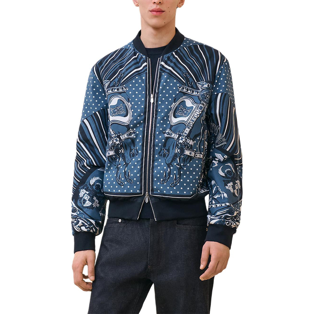 Hermes Printed Cotton Zipper Ribbed Jacket Men’s Blue Tourterelle H462800HJ5U