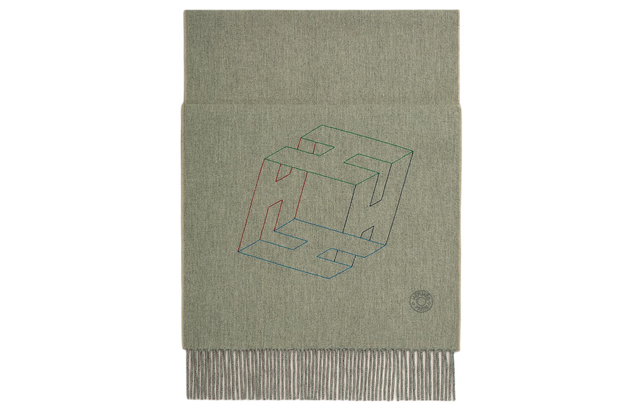 HERMES Printed Design Cashmere Scarf Green Unisex Couple Style. H394804T 02