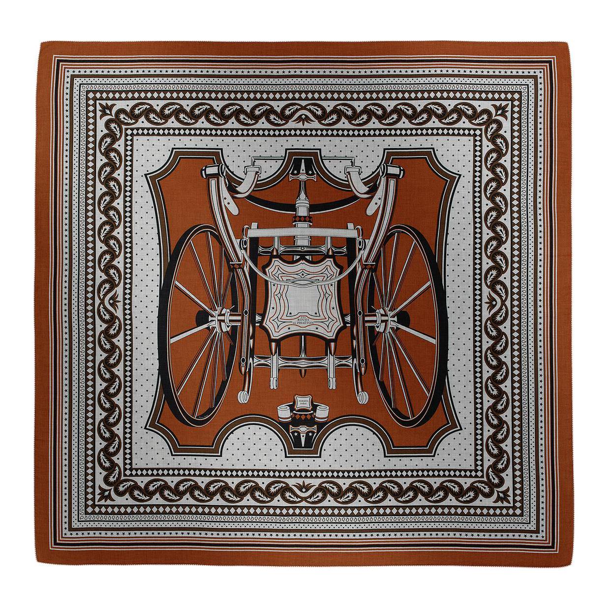 HERMES Printed Design Cashmere Silk Shawl Unisex Couple Brown H244170S