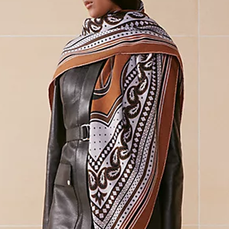 Shop HERMES Printed Design Cashmere Silk Shawl Unisex Couple Brown H244170S