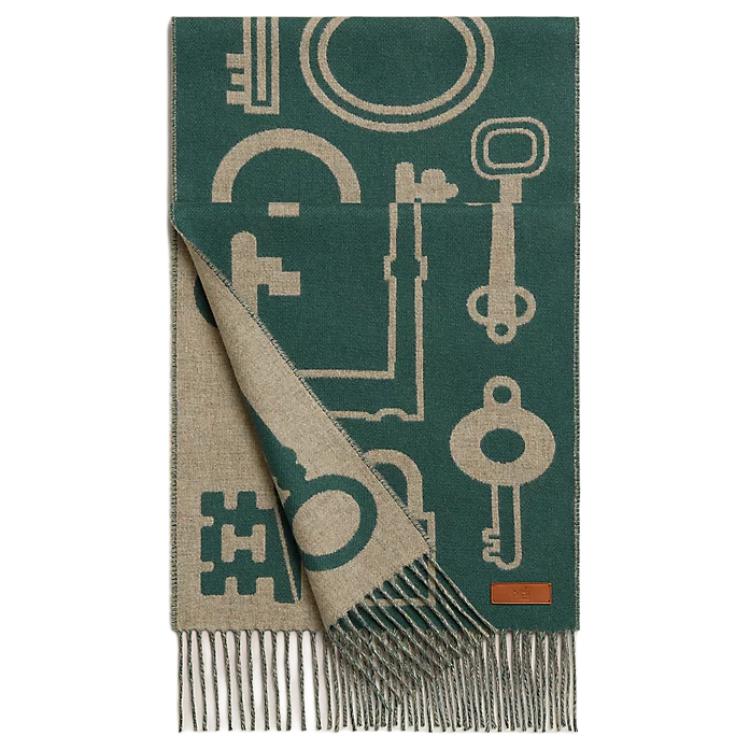 HERMES Printed Fringe Cashmere Scarf Unisex Green - Couple Style. H259142S04