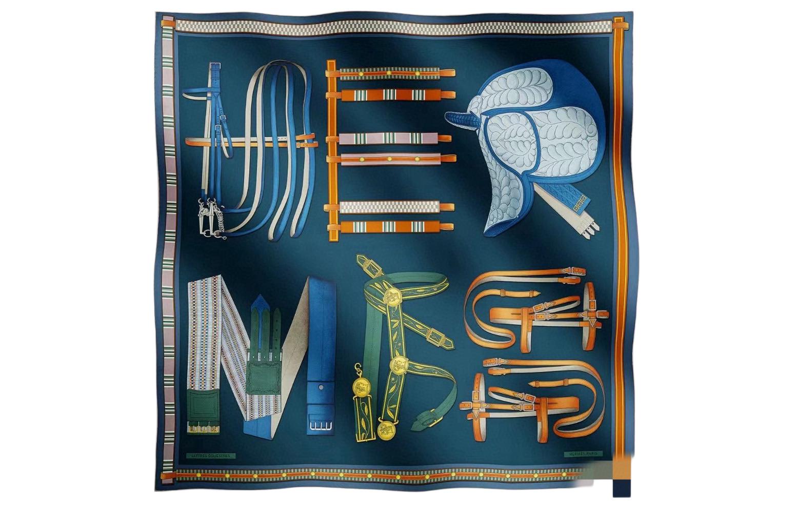 HERMES Printed Silk Scarf Unisex Couple Design in Deep Navy Blue. H004039S 03