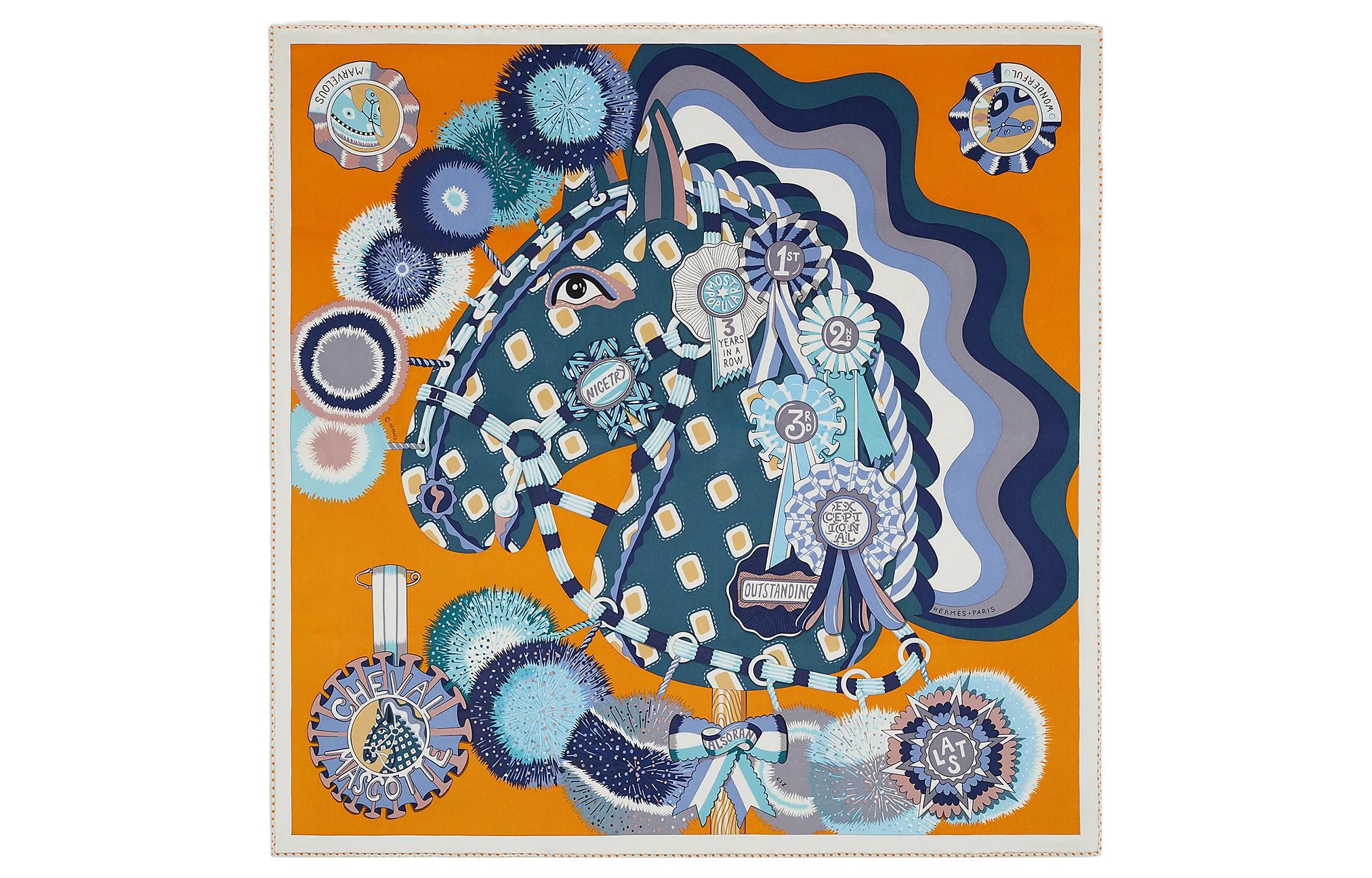 HERMES Printed Silk Scarf with Horse Design Unisex Couple Style Multicolor H983952S 01