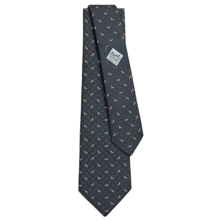 HERMES Puzzle Design Silk Tie Unisex Couple Style Grey H006328T03