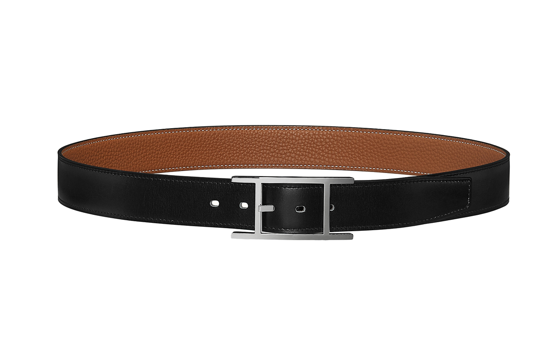 HERMES Quentin Reversible Belt Togo Calfskin Black 3.2cm Silver Buckle H054550CKAA