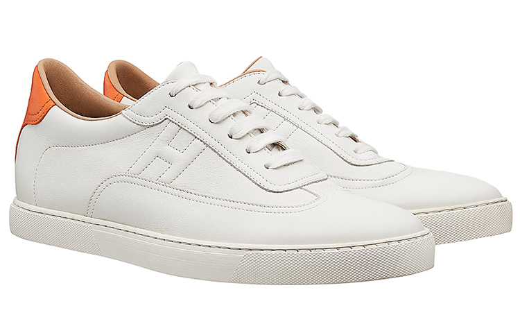 Shop HERMES愛馬仕 Quicker 牛皮 運動 時尚板鞋 男款 白橘色