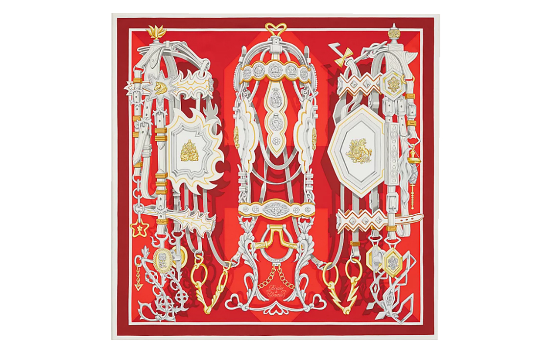 HERMES Red Patterned Scarf Unisex Couples Accessory H003967S 04 圖 2
