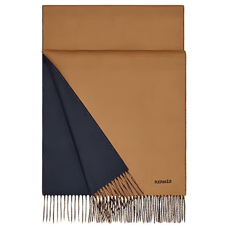 HERMES Reversible Cashmere Wool Scarf Camel Navy H393800T-06