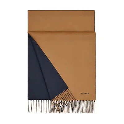HERMES Reversible Cashmere Wool Scarf Camel Navy H393800T-06