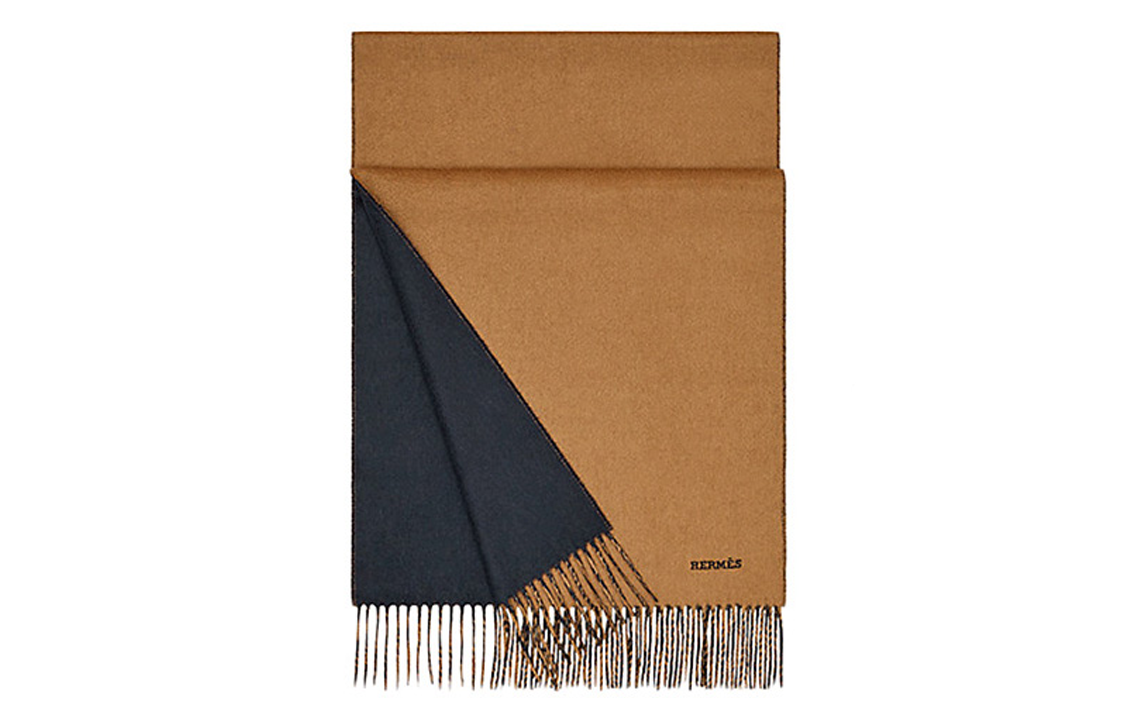 HERMES Reversible Cashmere Wool Scarf Camel Navy H393800T-06 圖 4