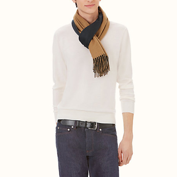 HERMES Reversible Cashmere Wool Scarf Camel Navy H393800T-06 圖 5