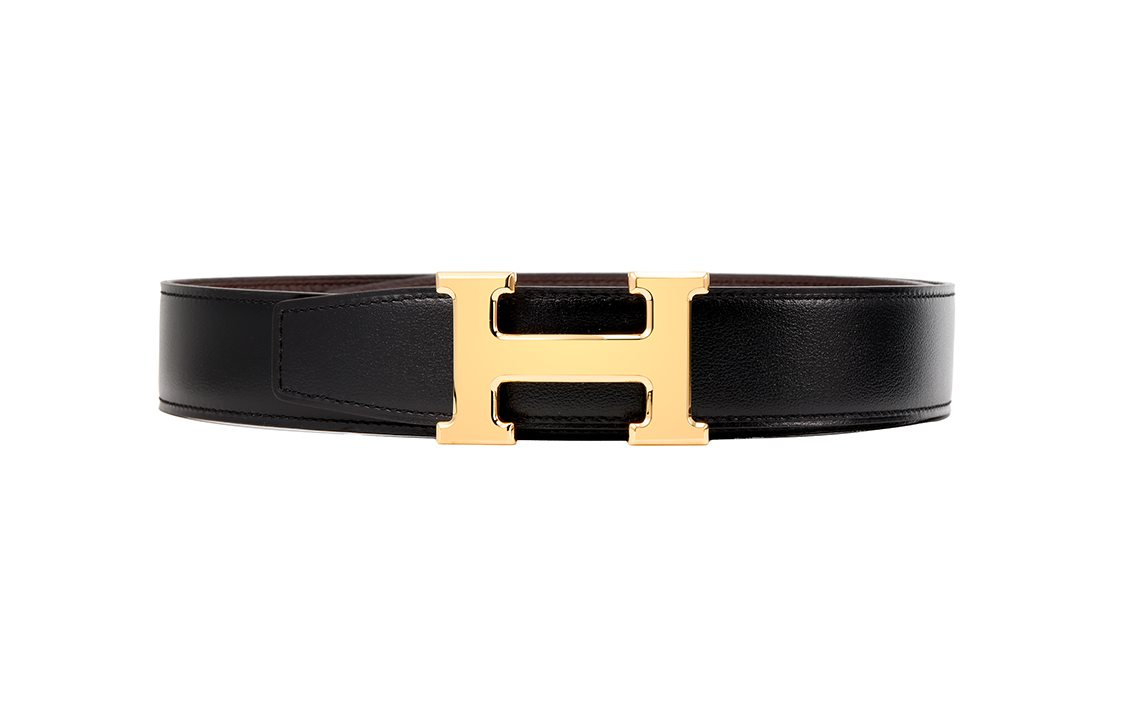 HERMES Reversible Leather Belt: Black/Chocolate, Shiny Gold Buckle, 3.2cm H064544CC06-H073967CAAB