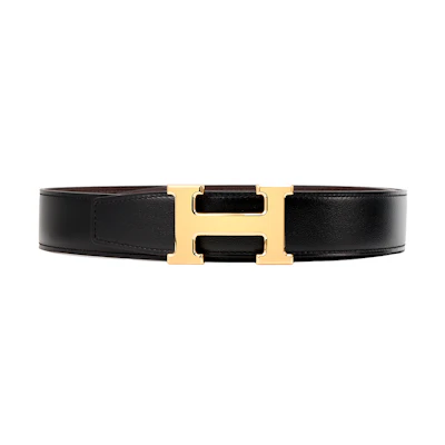 HERMES Reversible Leather Belt: Black/Chocolate, Shiny Gold Buckle, 3.2cm H064544CC06-H073967CAAB