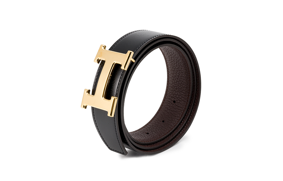 Shop 爱马仕双面皮带：黑色/巧克力色，亮金扣，3.2厘米 H064544CC06-H073967CAAB