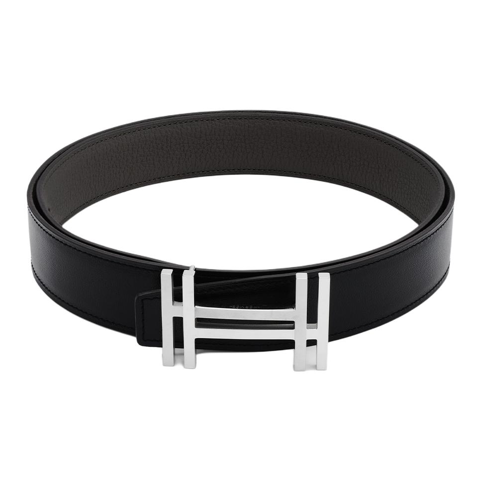 HERMES Reversible Leather Belt with H Buckle Black/Tin Gray 3.2cm H066050CK05-H073967CAAC