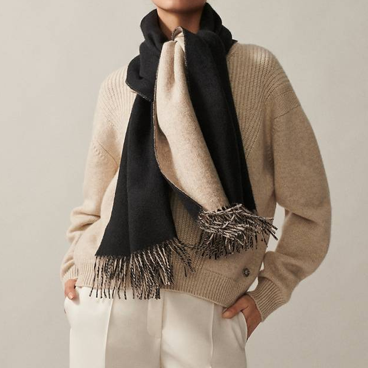 HERMES Reversible Tassel Wool Scarf Brown Unisex Couple Style. H259130S02 圖 3