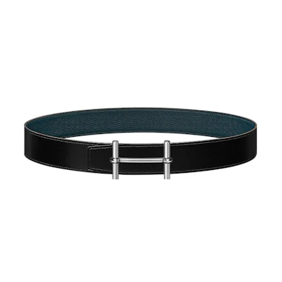 HERMES Reversible Togo Leather Belt Black/Prussian Blue 38cm Silver Buckle H077938CK05-H077971CAAE105