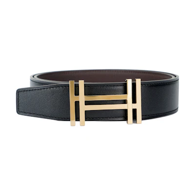 HERMES Reversible Togo Leather Belt Gold Buckle Black/Chocolate 3.2cm H066050CP2K-H073967CAAB090