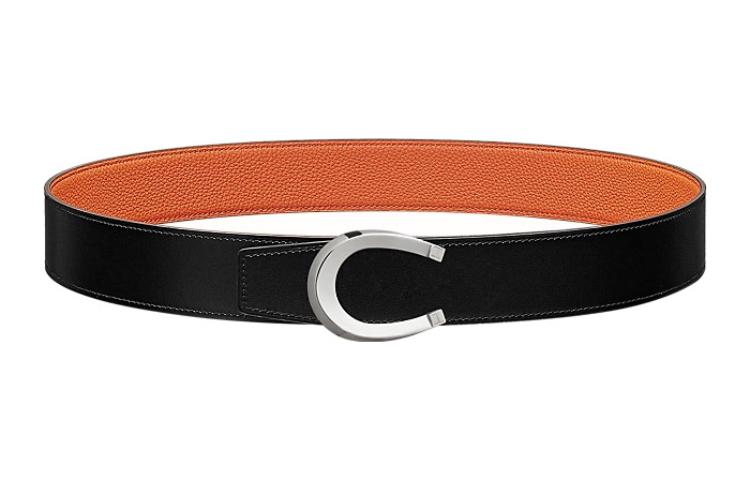HERMES Reversible Togo Leather Belt Silver Buckle Black/Orange 3.8cm Mens. H010412CK05-H077971CAAH090