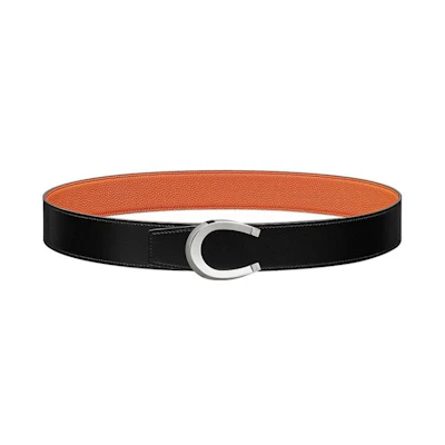 HERMES Reversible Togo Leather Belt Silver Buckle Black/Orange 3.8cm Mens. H010412CK05-H077971CAAH090