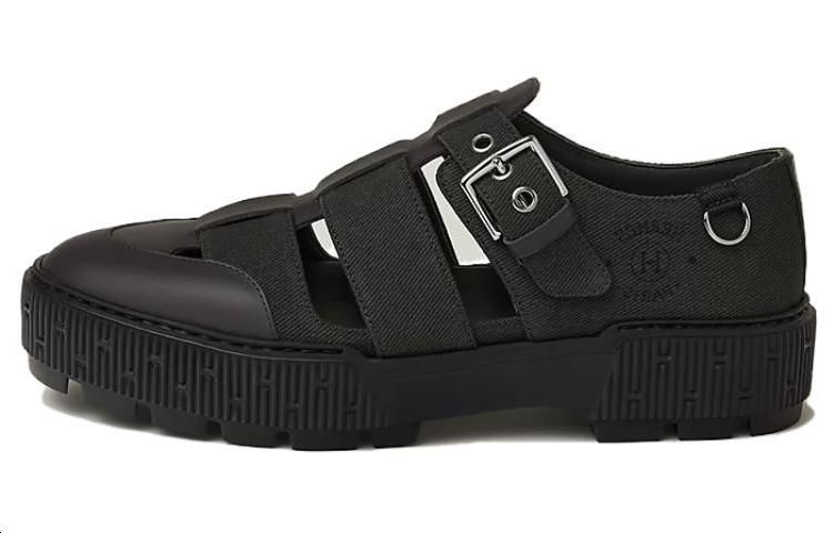 HERMES Roman Sandals Black Calfskin with Palladium Plated Buckle H241799ZH 73