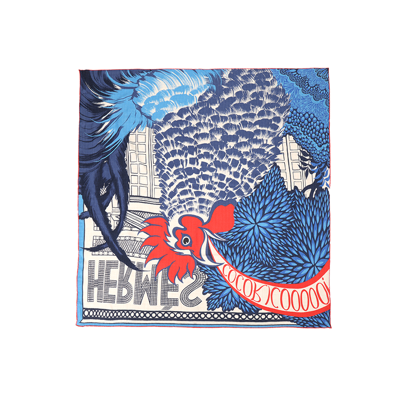 HERMES Rooster Pattern Wool Scarf Blue for Men. H104064T-04