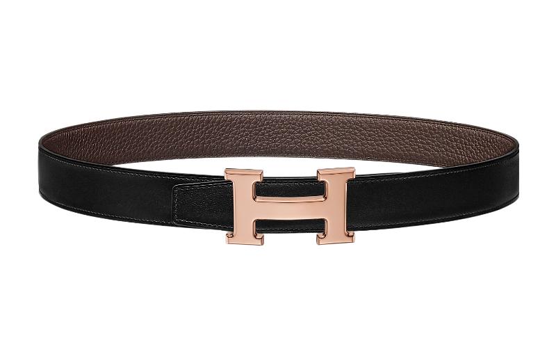 HERMES Rose Gold Buckle Togo Leather Reversible Belt Black 3.2cm H064544CDZ2-H073967CAAB