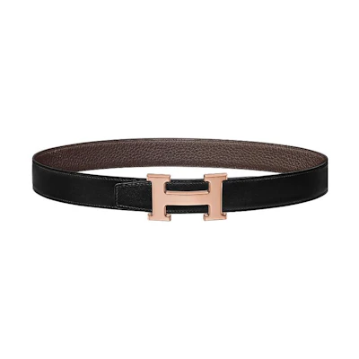 HERMES Rose Gold Buckle Togo Leather Reversible Belt Black 3.2cm H064544CDZ2-H073967CAAB