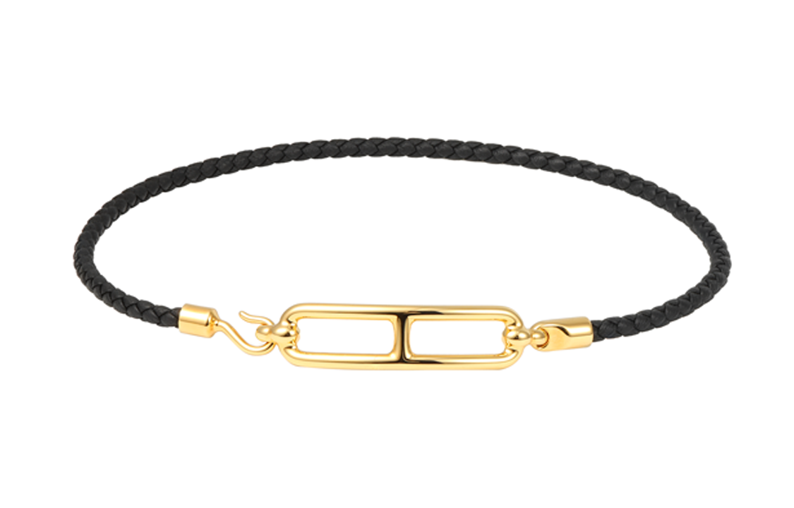 HERMES Roulis Double Tour Black Gold Pig Nose Braided Leather Bracelet Unisex. H071727F89-T2