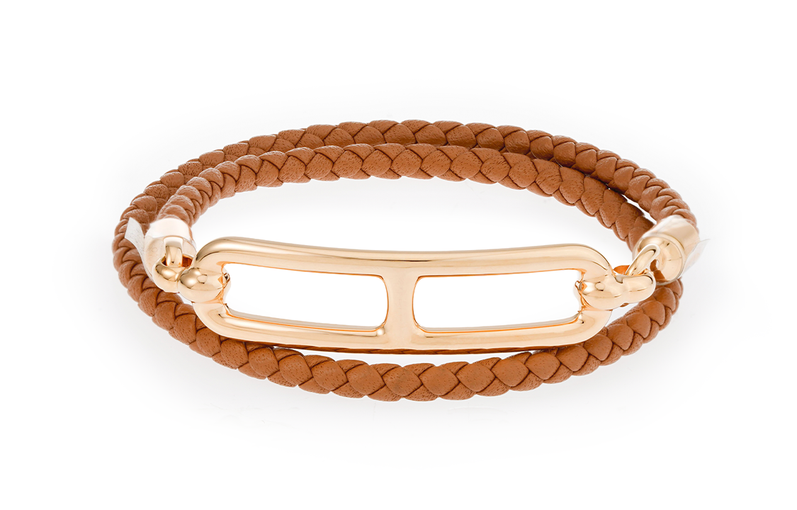 HERMES Roulis Rose Gold Double Wrap Calfskin Bracelet Unisex. H071727FO37