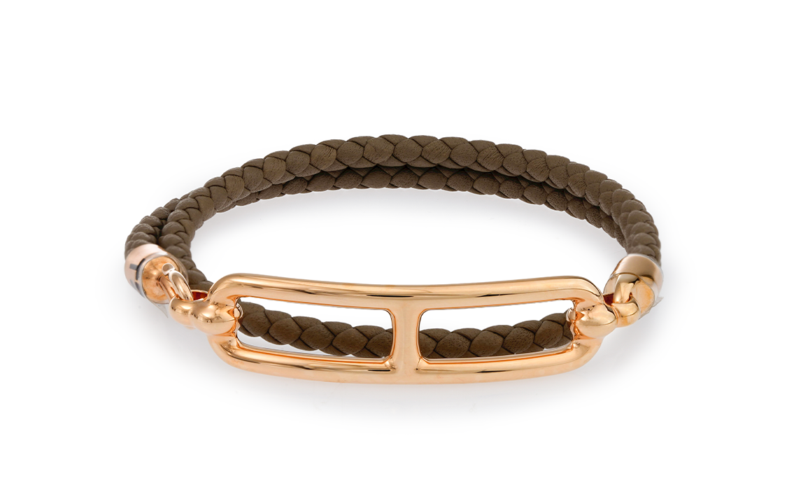 HERMES Roulis Rose Gold Pig Nose Clasp Double Loop Calfskin Bracelet Khaki Brown Unisex. H071727FO18-T1