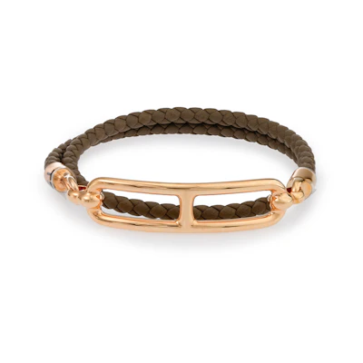 HERMES Roulis Rose Gold Pig Nose Clasp Double Loop Calfskin Bracelet Khaki Brown Unisex. H071727FO18-T1