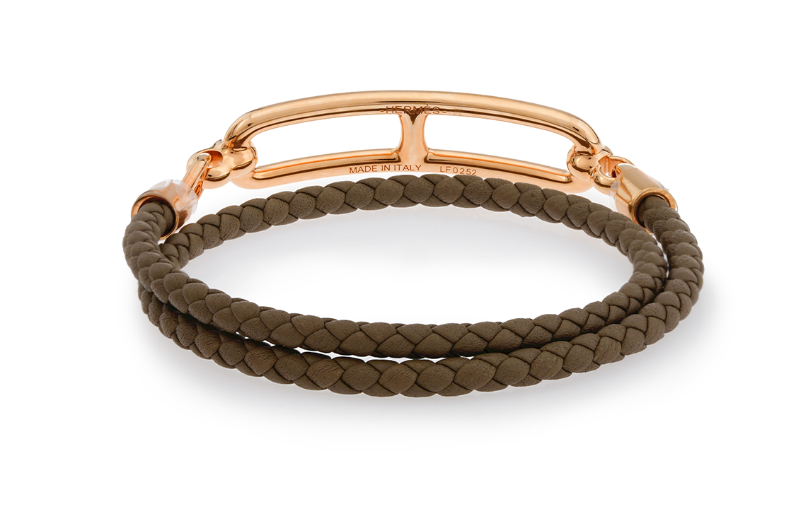 HERMES Roulis Rose Gold Pig Nose Clasp Double Loop Calfskin Bracelet Khaki Brown Unisex. H071727FO18-T1 圖 4