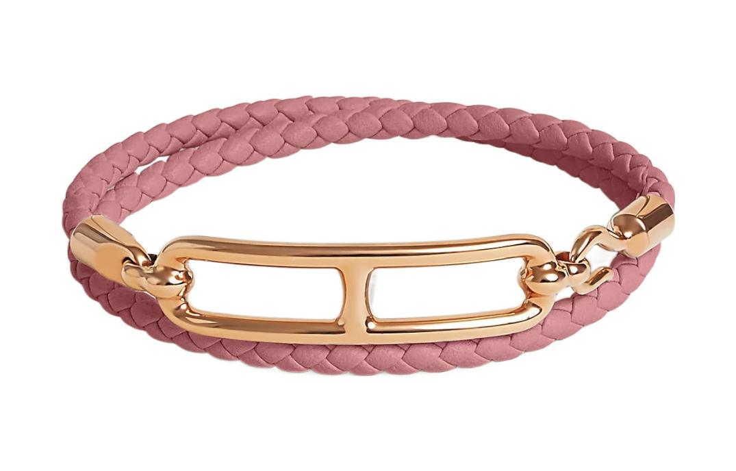 HERMES Roulis Rose Gold Pig Nose Clasp Double Wrap Leather Bracelet Unisex H071727FO3Q