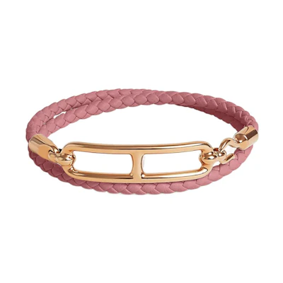 HERMES Roulis Rose Gold Pig Nose Clasp Double Wrap Leather Bracelet Unisex H071727FO3Q