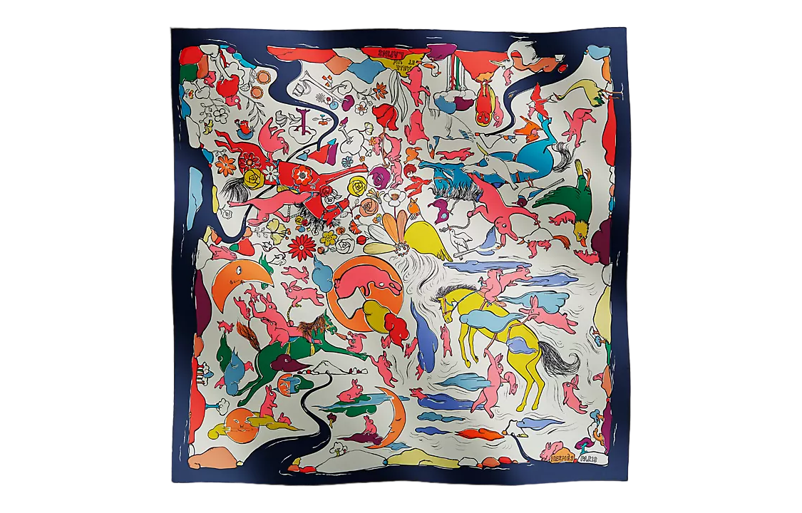 HERMES Scarf Navy Blue with Rabbit Pattern & Letter Design Unisex Couple Style. H004007S22