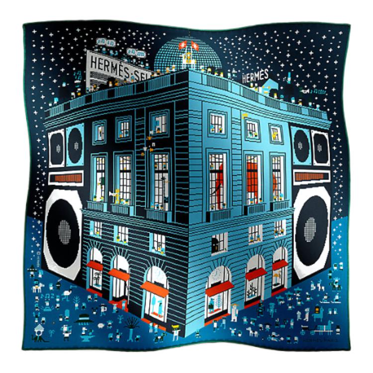 HERMES Silk Scarf Architectural Print Navy Blue H803808Tv06