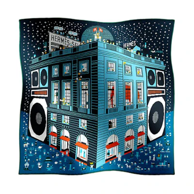 HERMES Silk Scarf Architectural Print Navy Blue H803808Tv06