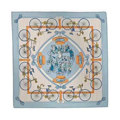 HERMES Silk Scarf Bicycle Print Unisex Couple Style Blue/Beige/White. H893866S