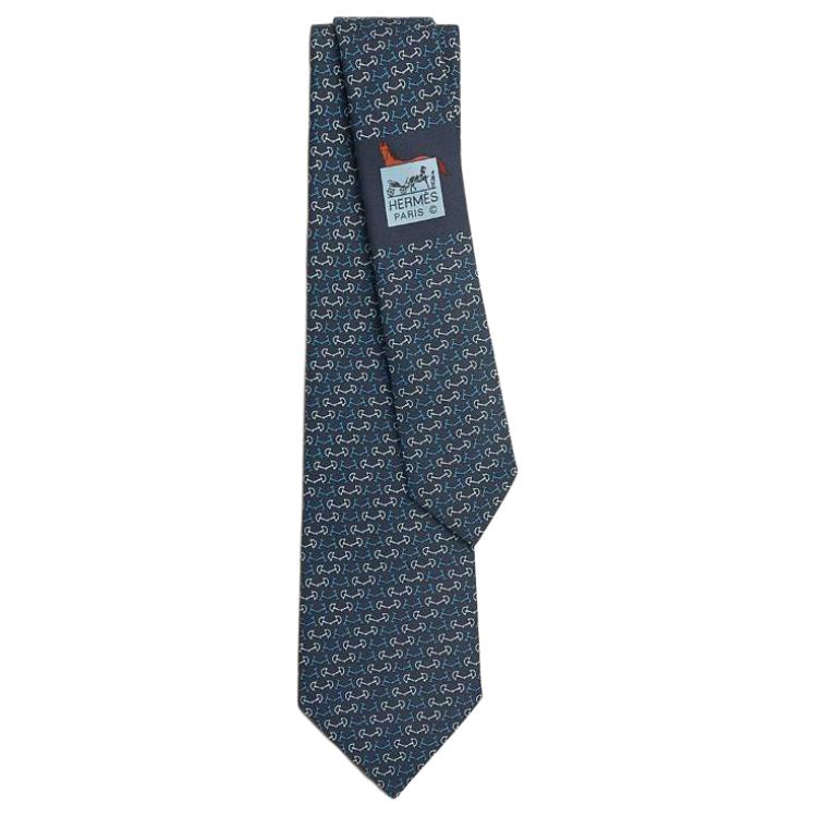 HERMES Silk Tie for Men - Ocean/Sky/Medium Blue Logo Design. H006357T01