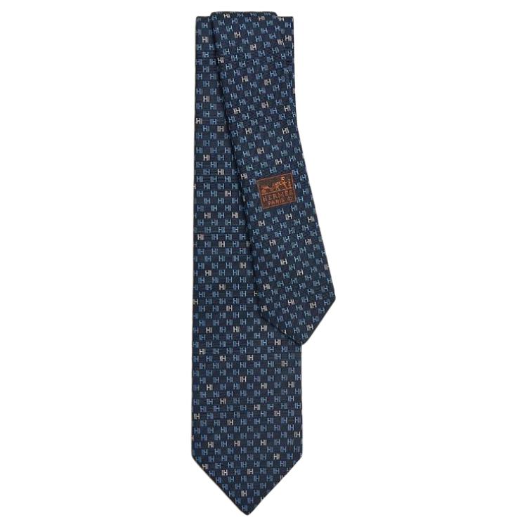 HERMES Silk Tie for Men with Logo - Ocean/Sky Design H339390T02