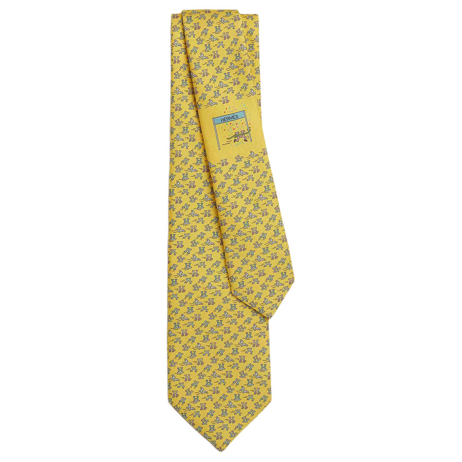 HERMES Silk Tie Yellow with Letter H Sports Print for Men H006364Tv09
