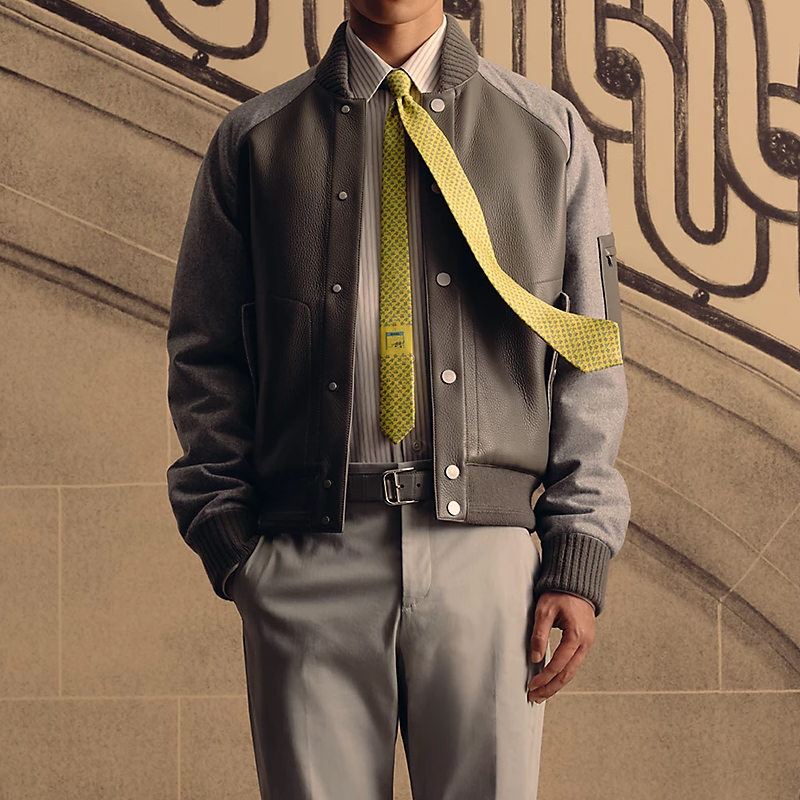 Lookbook HERMES Silk Tie Yellow with Letter H Sports Print for Men H006364Tv09