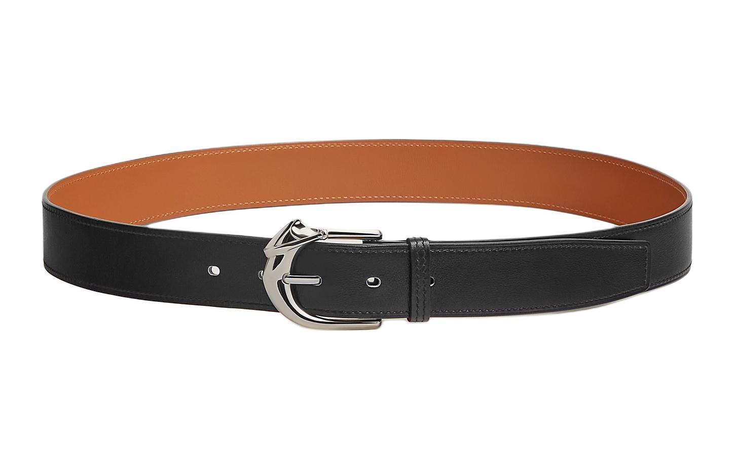 HERMES Silver Buckle Black Leather Belt for Men - 3.3CM Width. H081764CK89085