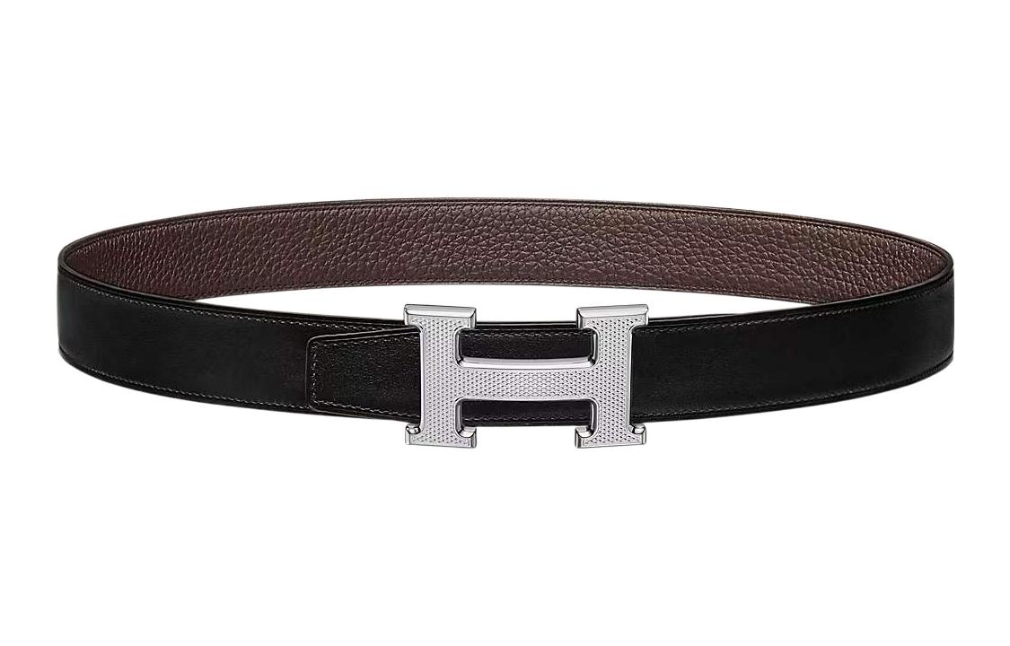 HERMES Silver H Buckle Reversible Leather Belt Black/Chocolate 3.2cm . H064540CK05-H073967CAAB