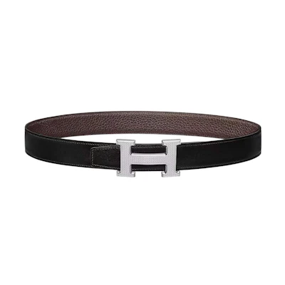 HERMES Silver H Buckle Reversible Leather Belt Black/Chocolate 3.2cm . H064540CK05-H073967CAAB