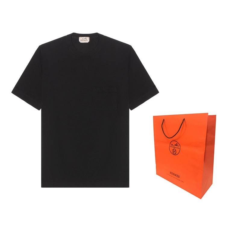 Shop 에르메스 솔리드 블랙 크루넥 반소매 티셔츠 H072025HA02